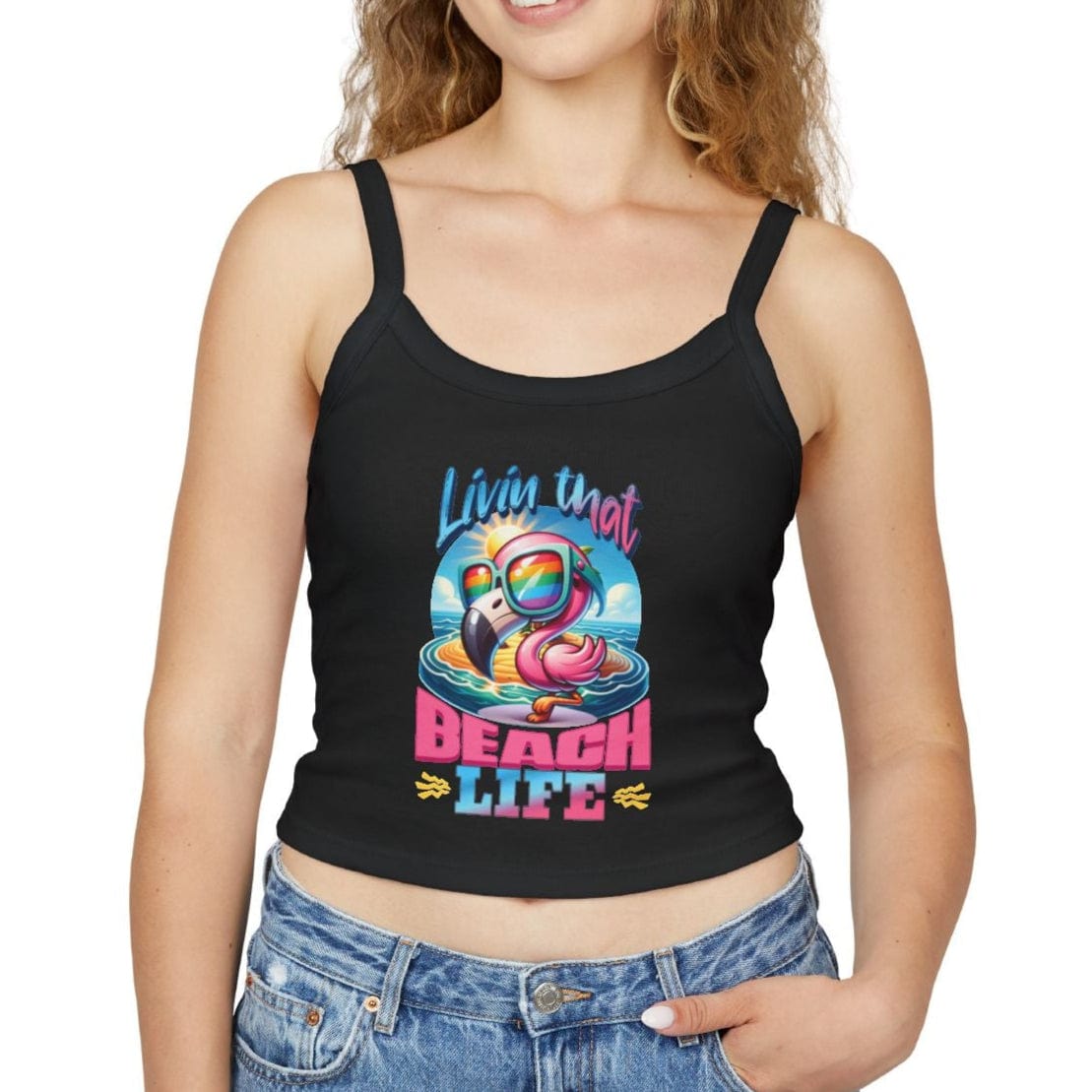 Flamingo Beach Life - Spaghetti Strap Cropped Tank Top