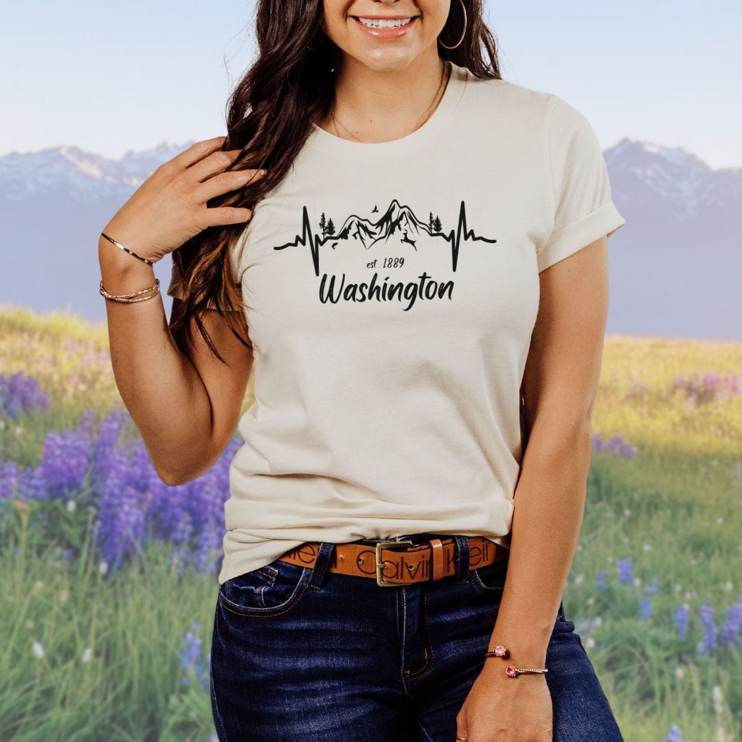 Washington State Mountain Heartbeat Softstyle Tee in Black