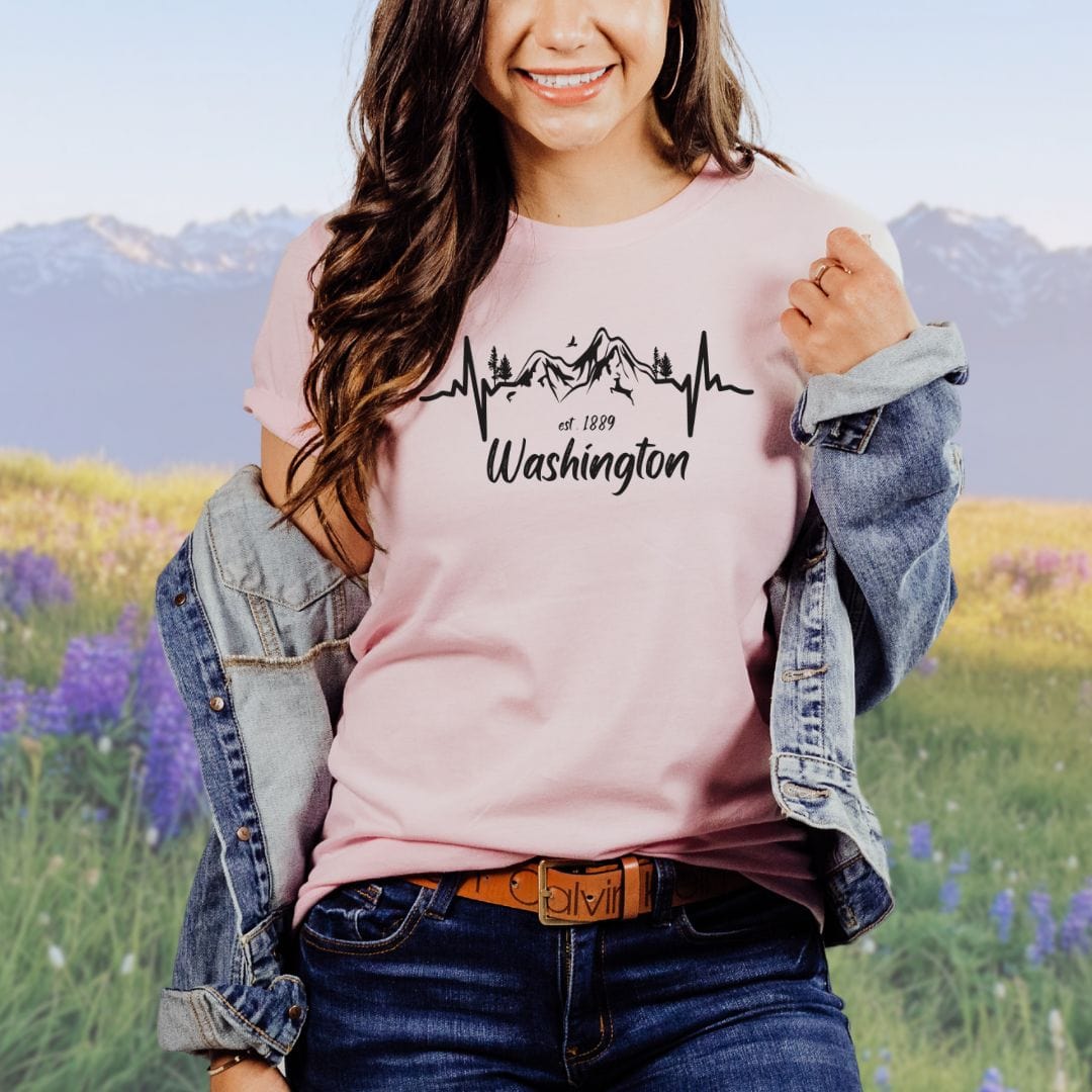 Washington State Mountain Heartbeat Softstyle Tee in Black