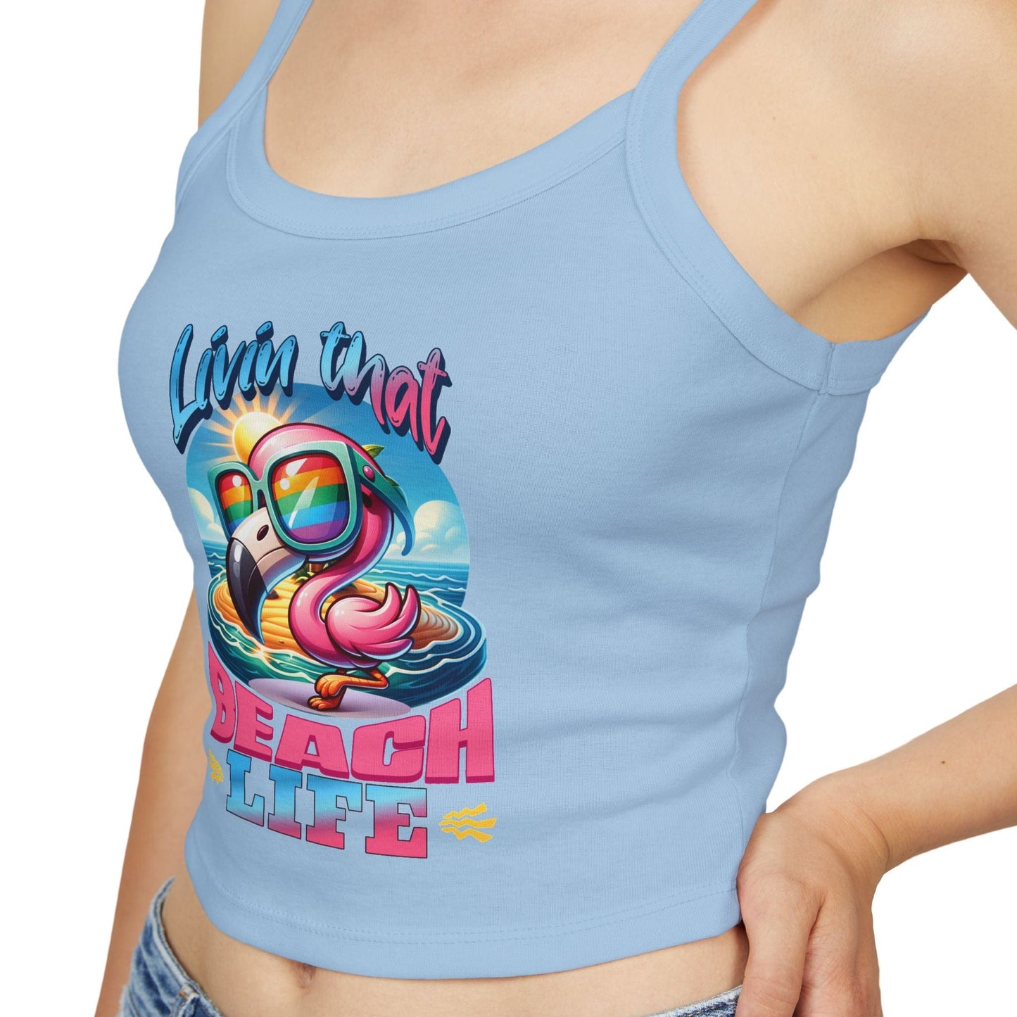 Flamingo Beach Life - Spaghetti Strap Cropped Tank Top