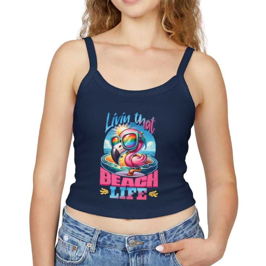 Flamingo Beach Life - Spaghetti Strap Cropped Tank Top