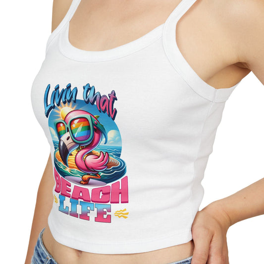 Flamingo Beach Life - Spaghetti Strap Cropped Tank Top