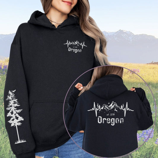Oregon Mountains Heartbeat with Sleeve Design, Softstyle Hoodie