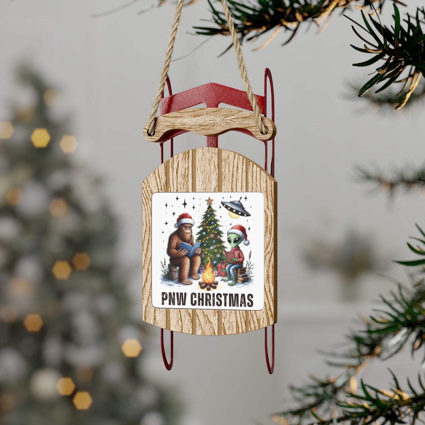 PNW Christmas, Bigfoot and Alien Campfire Sled Ornament
