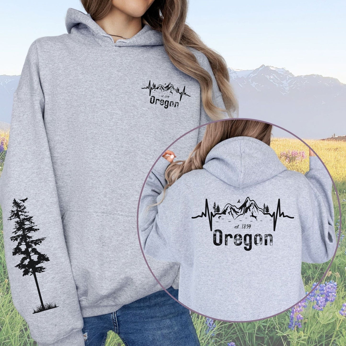 Oregon Mountains Heartbeat with Sleeve Design, Softstyle Hoodie