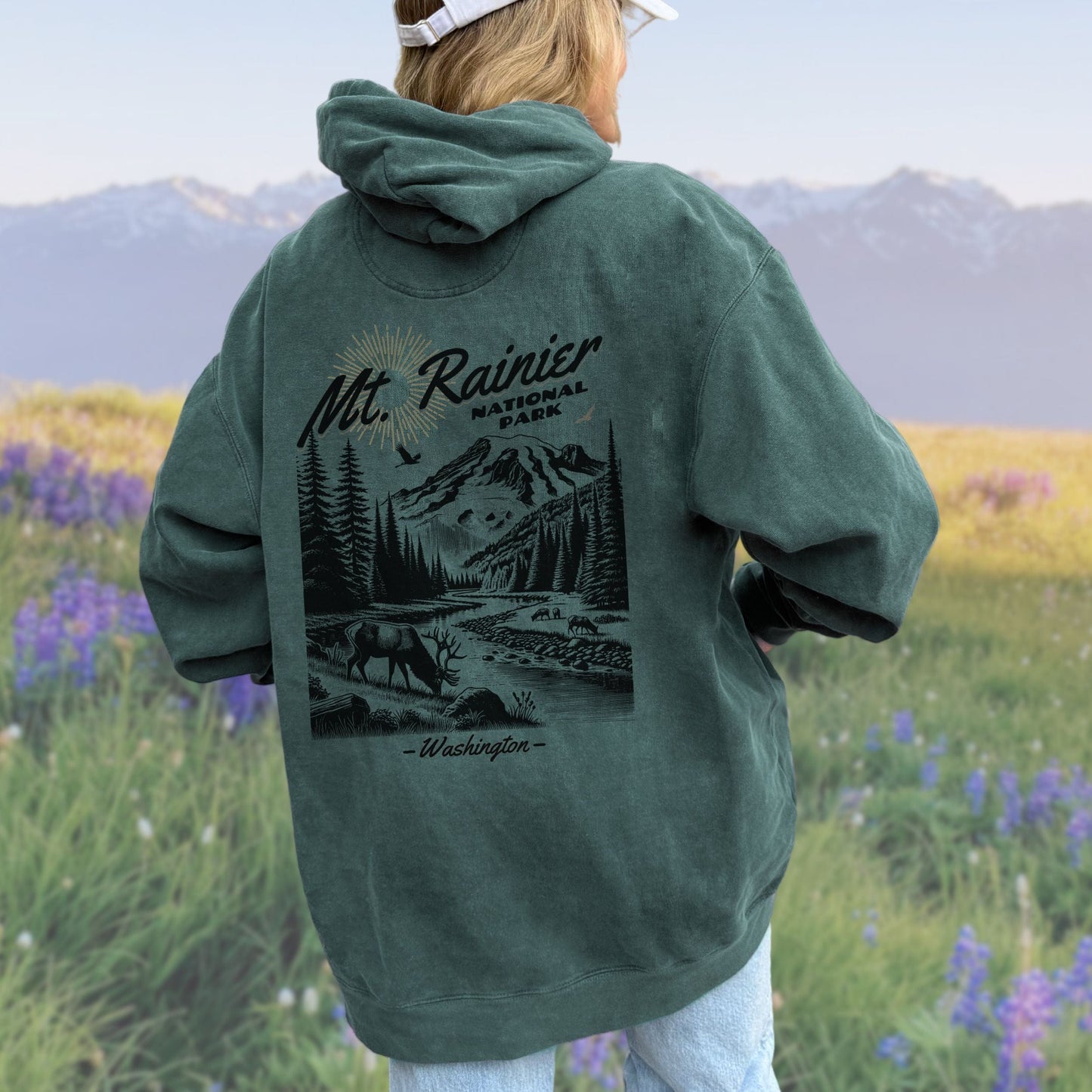 Mt Rainier National Park, Back Design, Vintage Style Hoodie