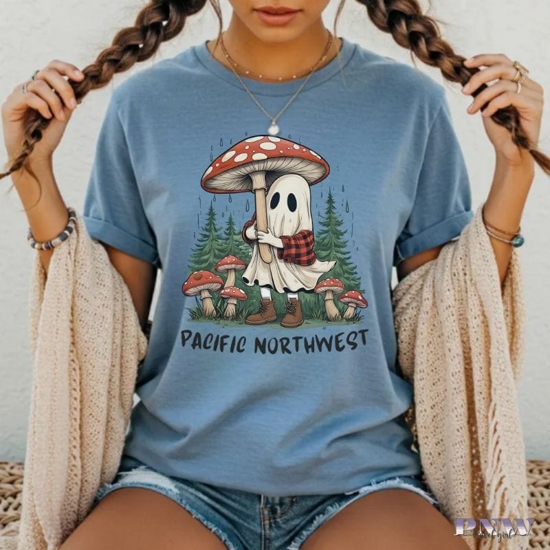 Pacific Northwest Rainy Day Ghost & Mushroom Vintage Style Tee