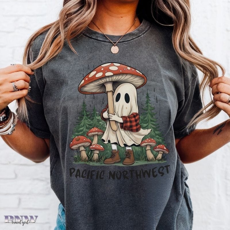 Pacific Northwest Rainy Day Ghost & Mushroom Vintage Style Tee