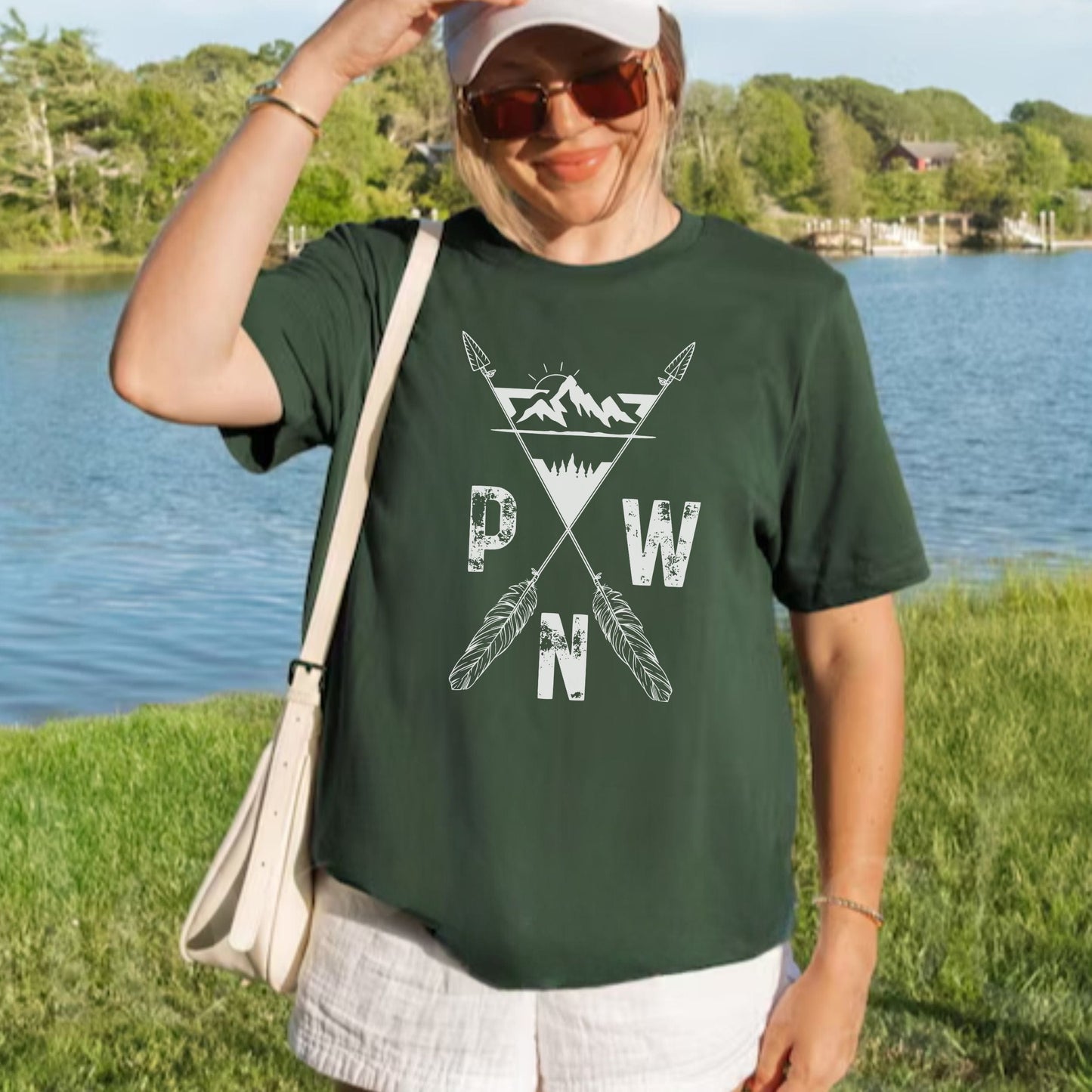 PNW Arrows and Mountains Hiking Softstyle Tee in White Letters