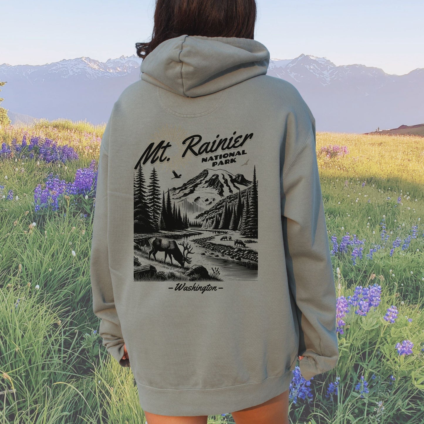 Mt Rainier National Park, Back Design, Vintage Style Hoodie