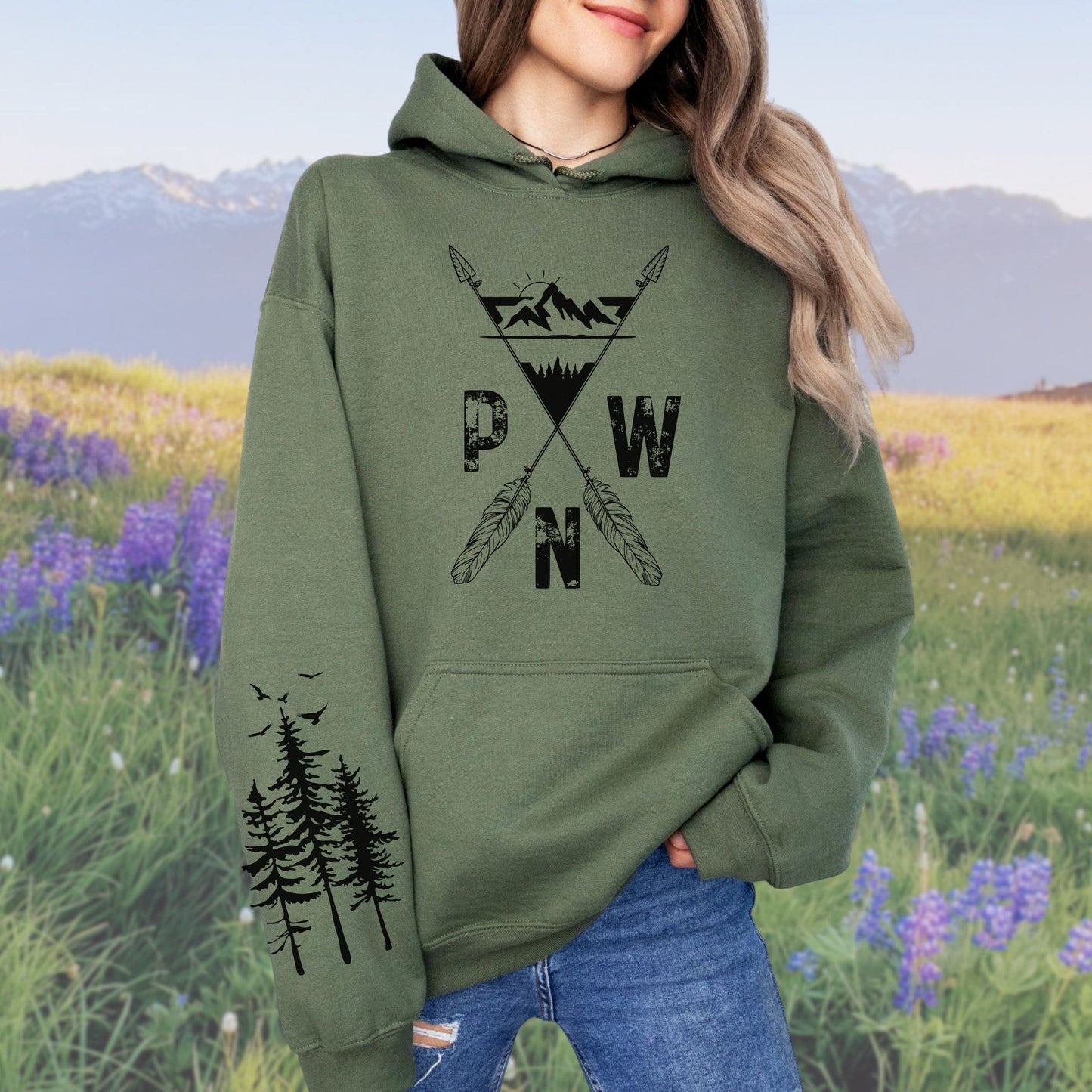 PNW Arrows and Mountains Softstyle Hoodie with Pine Trees Sleeve Design