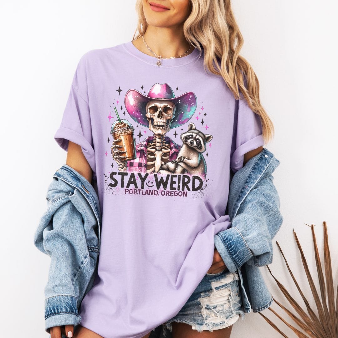 Stay Weird Portland, Oregon, Skeleton Cowgirl, Vintage Style Tee