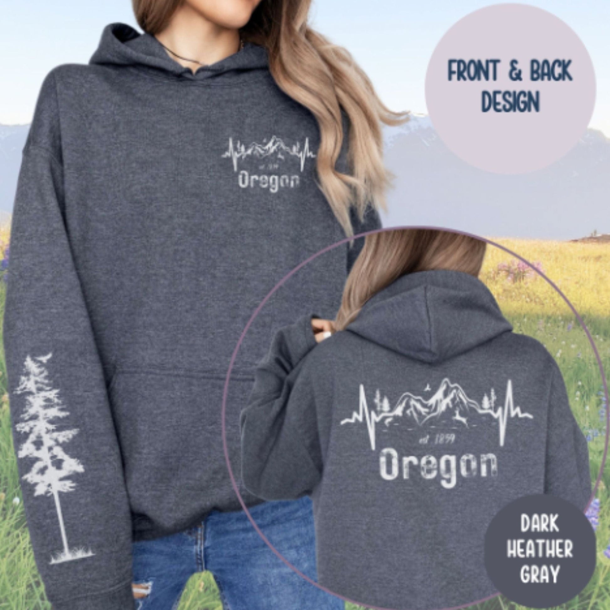 Dark Heather Gray hoodie with 'Oregon' design on front and back, person wearing it outdoors.