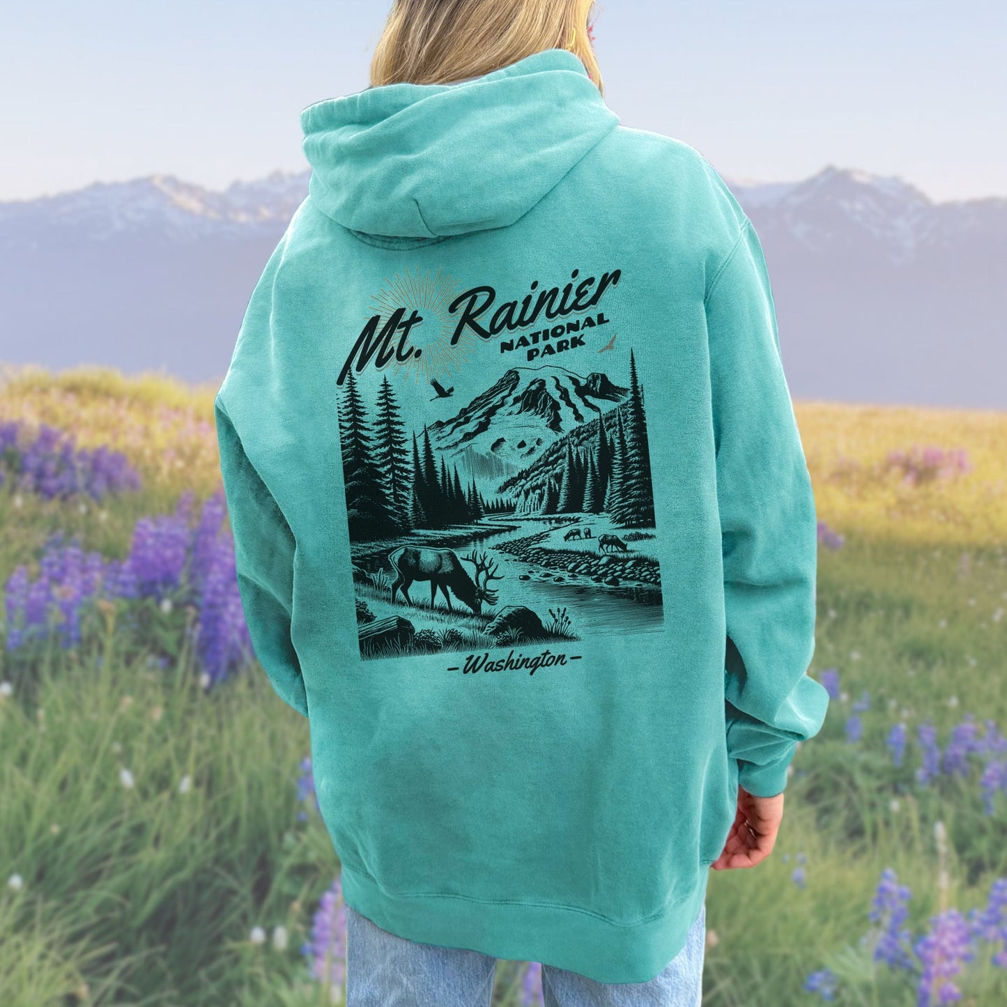 Mt Rainier National Park, Back Design, Vintage Style Hoodie