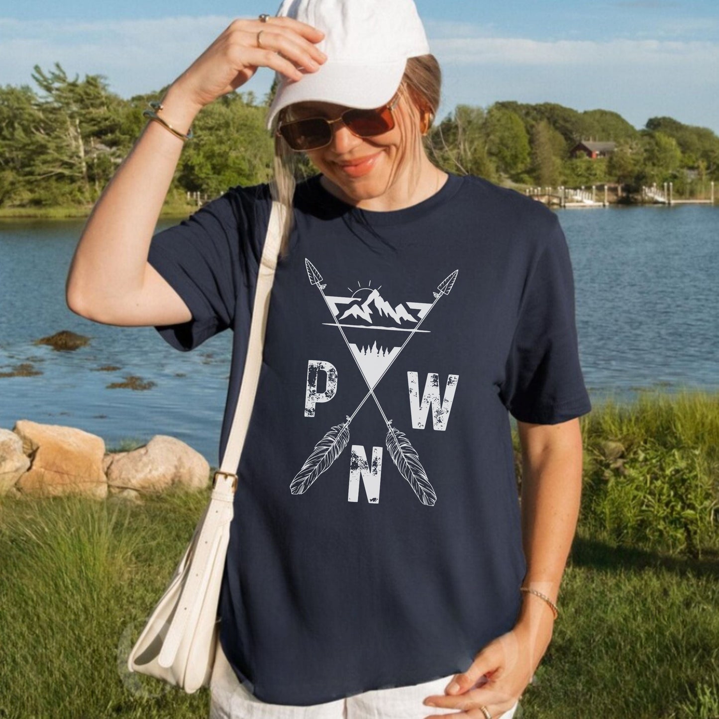 PNW Arrows and Mountains Hiking Softstyle Tee in White Letters