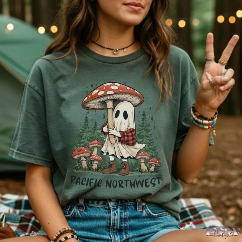 Pacific Northwest Rainy Day Ghost & Mushroom Vintage Style Tee