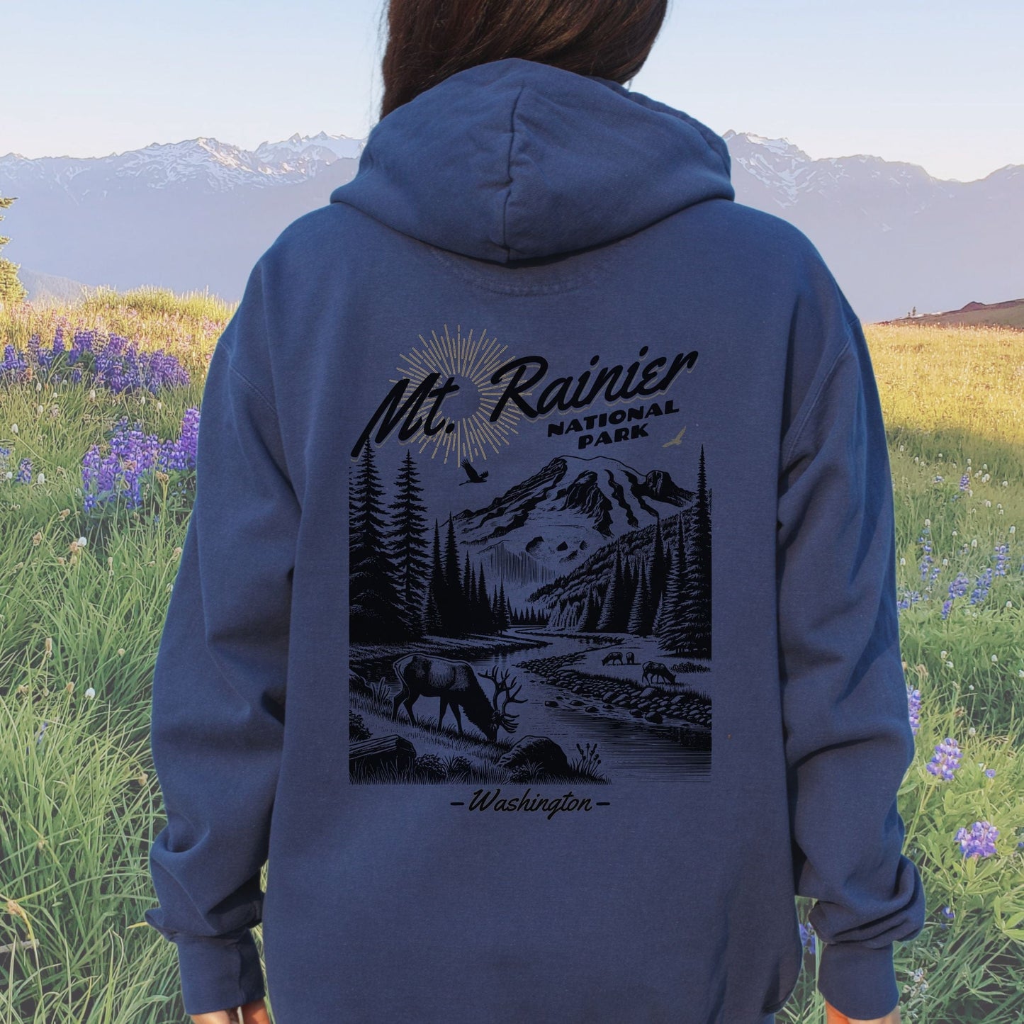 Mt Rainier National Park, Back Design, Vintage Style Hoodie