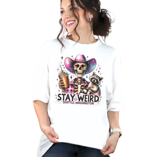 Stay Weird Seattle - Skeleton Cowgirl, Vintage Style Tee