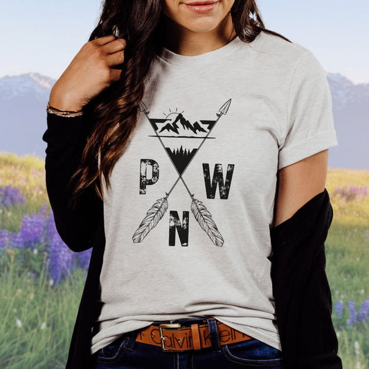 PNW Mountains and Arrows, Softstyle Tee in Black Letters