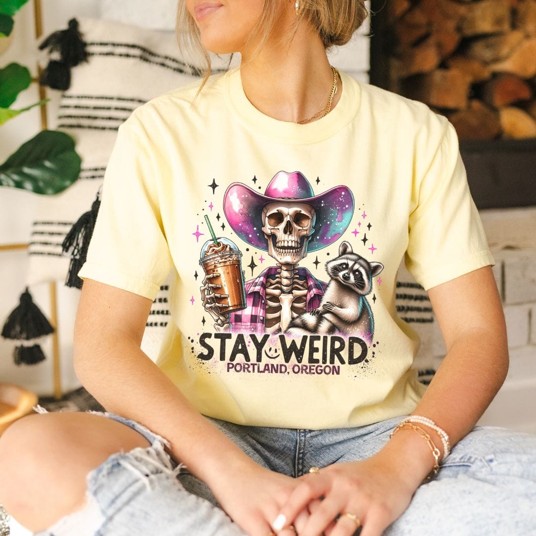 Stay Weird Portland, Oregon, Skeleton Cowgirl, Vintage Style Tee