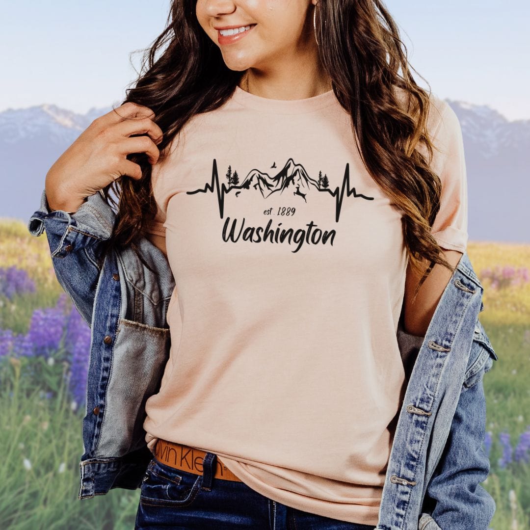 Washington State Mountain Heartbeat Softstyle Tee in Black